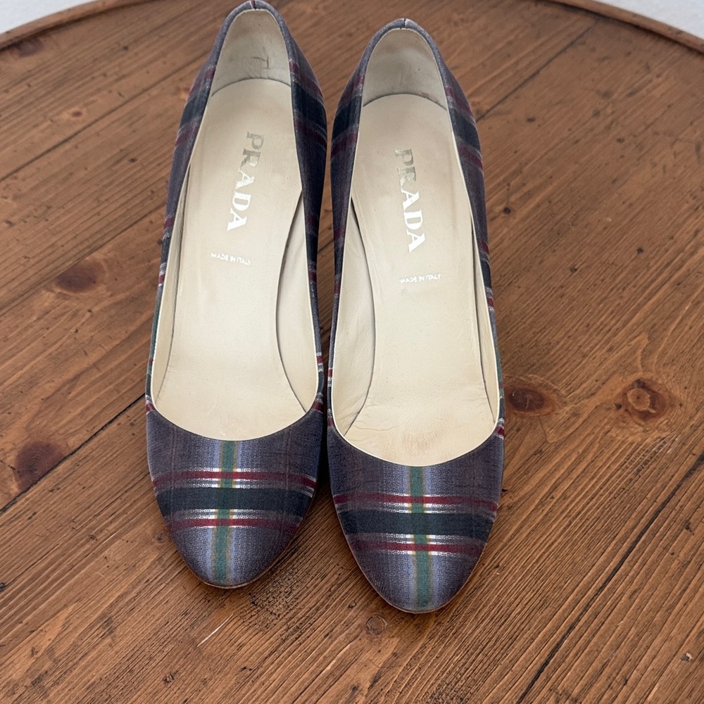 Prada Women's Plaid Heels - Multicolor.  Grey, green, red, charcoal,